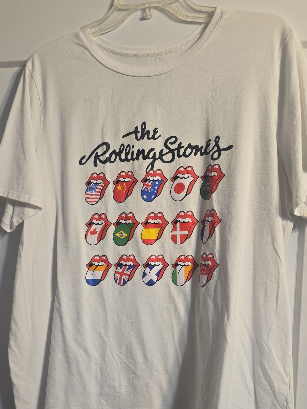 the Rolling Stones White Graphic Tee with Multicolor Tongue Flags
